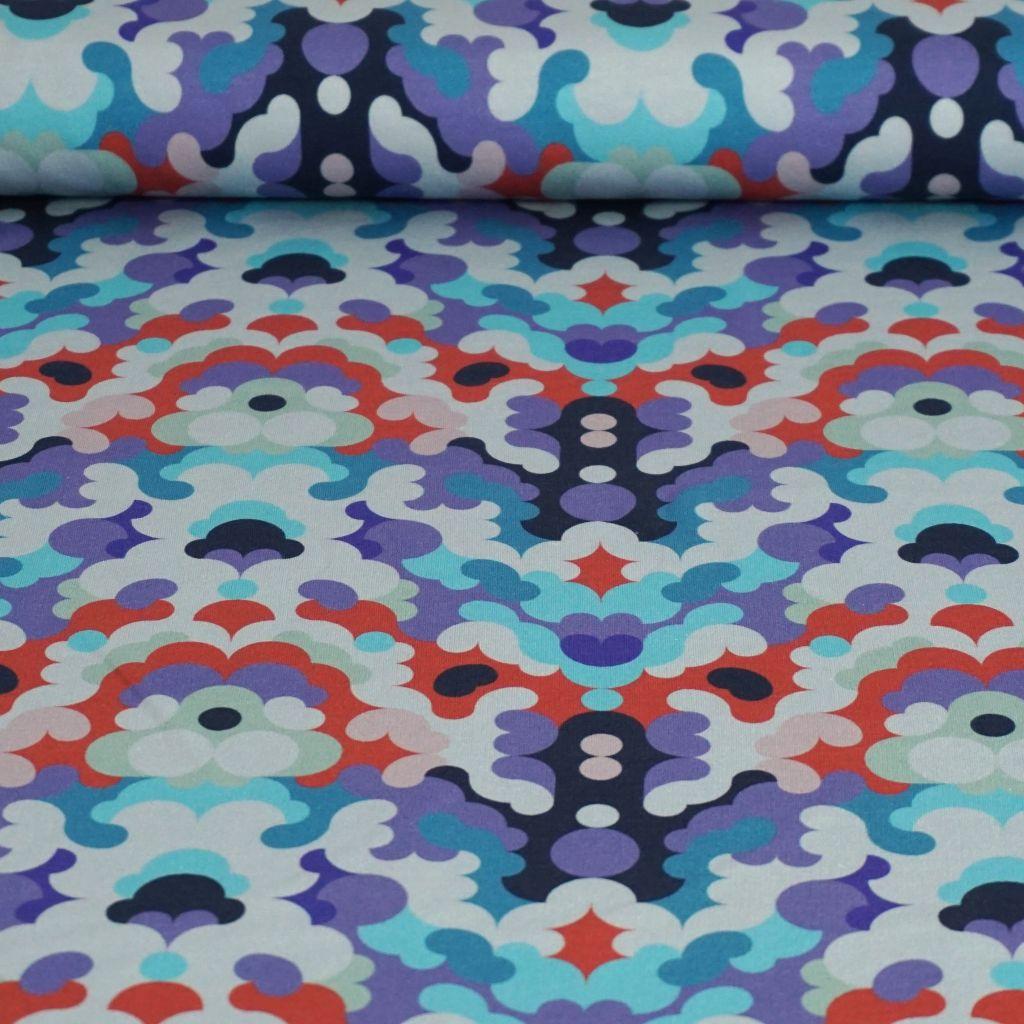 Stretch-Sweat leicht Retromuster 60er 70er lila türkis